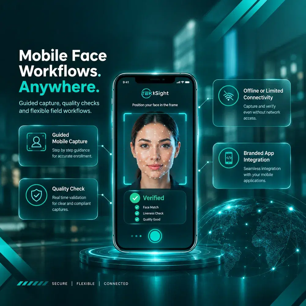 TekSight mobile face verification workflow with guided capture and quality checks