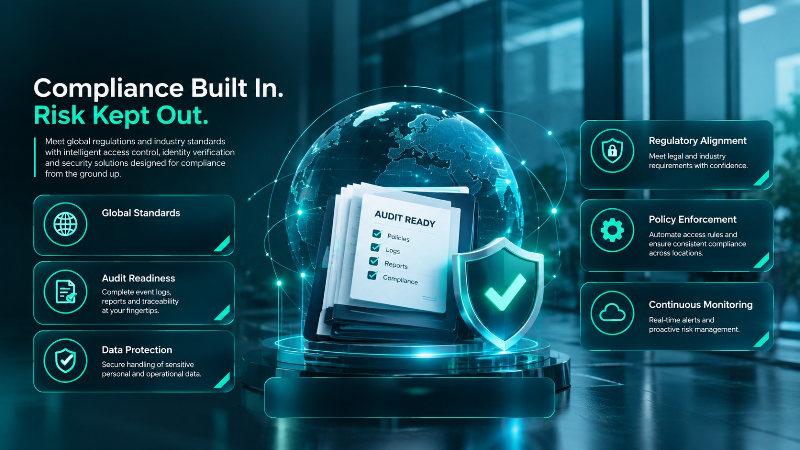 Illustrative TekSight compliance dashboard with audit readiness, data protection and monitoring concepts