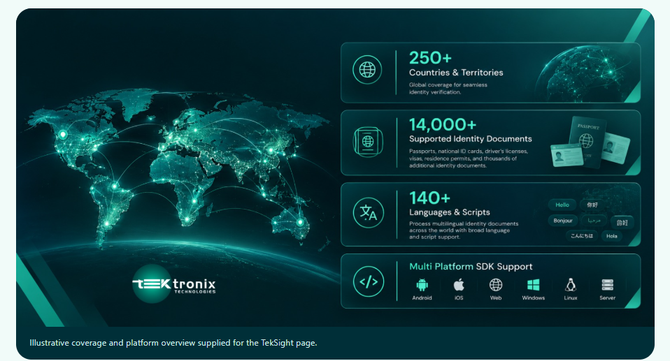 TekSight global coverage overview showing countries, identity documents, languages and supported SDK platforms